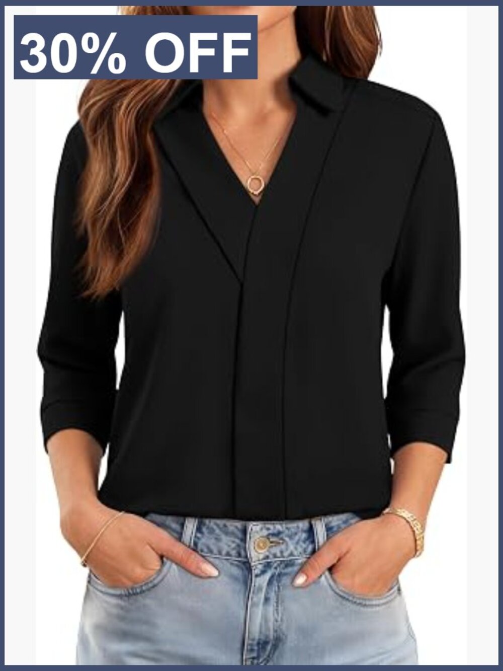 3/4 Sleeve V-Neck Collared Blouse Dressy Business Casual Summer Top